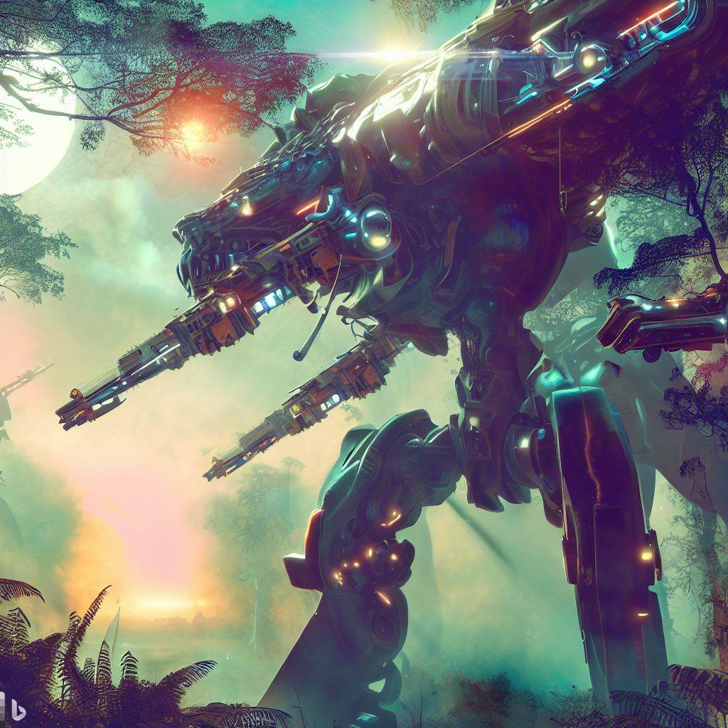 future mech dinosaur with guns fighting in tall forest, wildlife in foreground, planet, surreal clouds, bloom, lens flare, angle, glass body, h.r. giger style 1.jpg